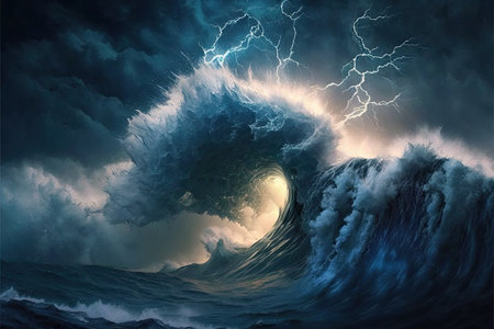 A strong storm with big waves in the ocean. Night thunderstorm, dark tones illustration. Generative AI.の素材