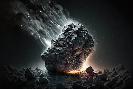 Falling hot smoking meteorite and debris on the surface. Generative AI illustration.の素材