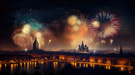 Colorful explosion of fireworks over the night city landscape. Holiday or New Year concept. Generative AI illustration.の素材