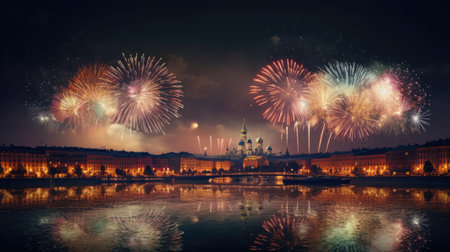 Colorful explosion of fireworks over the night city landscape. Holiday or New Year concept. Generative AI illustration.の素材