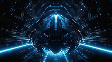 Spaceship, a plasma engine behind with a blue trail, round space gate transportation, bright stars on background. Futuristic sci-fi tech abstract illustration. Generative AI.の素材