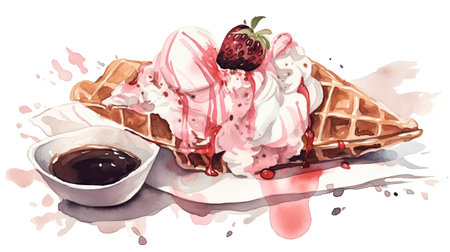Watercolor strawberry ice cream with waffle, chocolate and caramel on a white background. Generative AI illustration.の素材