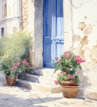 Streets of a small Mediterranean town with traditional houses with blue doors and potted flowers. Watercolor illustration.の素材