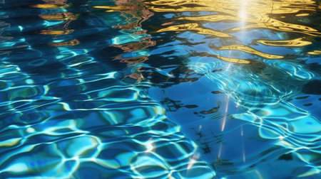 Pool blue transparent clear water surface background with sunlight reflection. Generative AI illustration.の素材
