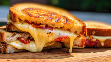 Slices of grilled sourdough bread with melted cheese between each slice. Generative AI.の素材