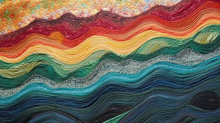 Colorful tapestry embroidery style carpet surface close up. Abstract multicolored background. Generative AI.の素材