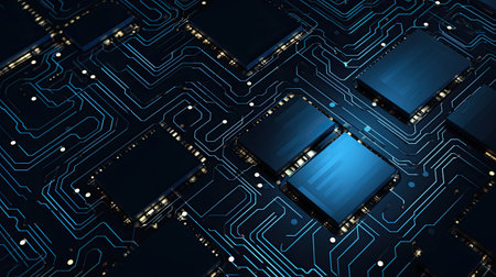 Dark blue color circuit board illustration with glowing lines, dots and lighting chips. Abstract tech background. Generative AI.の素材