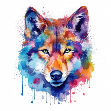 Watercolor colored wolf head illustration portrait for print on white background. AI generative.の素材