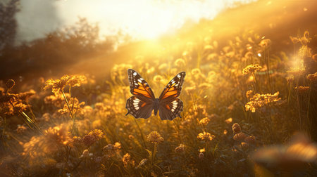 Butterfly flight over a quiet meadow in the rays of the sun. Generative AI.の素材