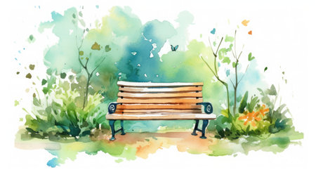 Garden bench surrounded by green plants and bushes. Watercolor illustration. Generative AI.の素材