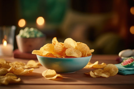 Potato chips in a green bowl on a wooden table with a blurred kitchen background. Generative AI.の素材
