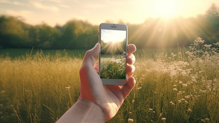 A hand with a smartphone captures the natural landscape. Generative AI.の素材