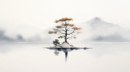 .Minimalist watercolor landscape of trees reflected in water. Generative AI.の素材