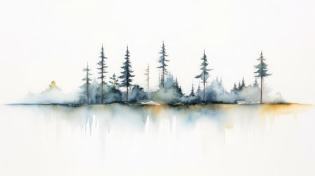 .Minimalist watercolor landscape of trees reflected in water. Generative AI.の素材