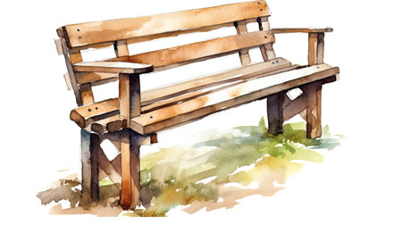 Watercolor illustration of a rustic wooden garden bench on a white background. AI generative.の素材