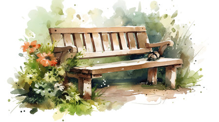 Watercolor illustration of a rustic wooden garden bench on a white background. AI generative.の素材