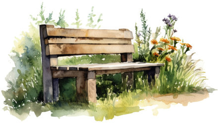 Watercolor illustration of a rustic wooden garden bench on a white background. AI generative.の素材