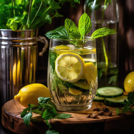 Water with fresh lemon, green leaves mint and cucumber in beautifully shaped glass on a woden tray. Generative AI.の素材