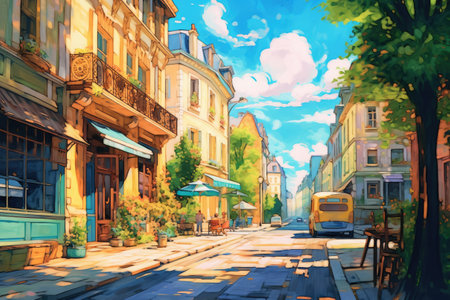 Old medieval European city street, cobblestones, trees. Painting, graphic drawing in color. Generative AI.の素材