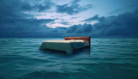 An empty big bed floating on the surface of a calm sea or ocean in cloudy weather.の素材