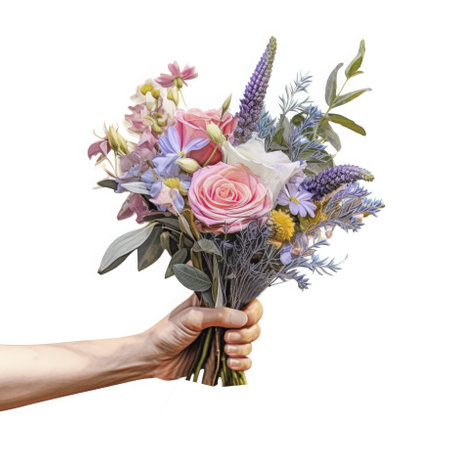 Hand holding a beautiful bouquet of different flowers. Isolated on a white background.の素材