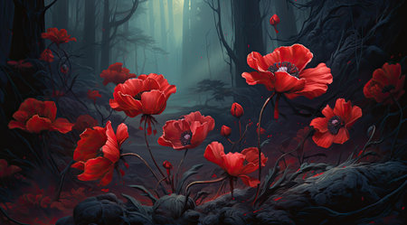 Red poppies in a dark gloomy forest. Generative AI.の素材