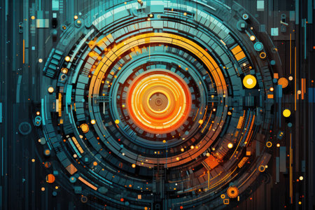 Abstract futuristic visual design with shiny circles on dark background. Generative AI illustration.の素材