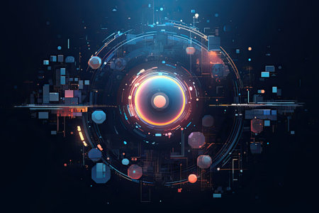 Abstract futuristic visual design with shiny circles on dark background. Generative AI illustration.の素材