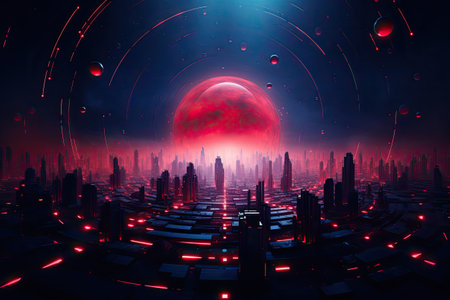 Abstract dark background with futuristic city and circles. Generative AI.の素材