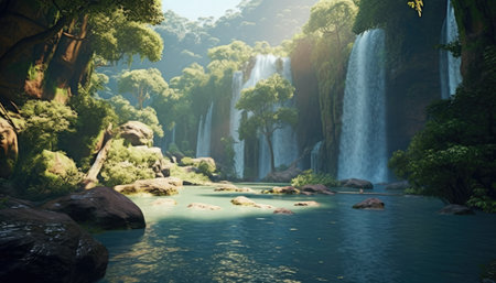 A beautiful waterfall surrounded by trees in the middle of the forest, grandiose natural splendor, sunny rays. Generative AI.の素材
