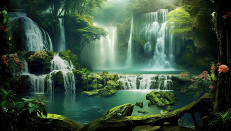 A beautiful waterfall surrounded by trees in the middle of the forest, grandiose natural splendor, sunny rays. Generative AI.の素材