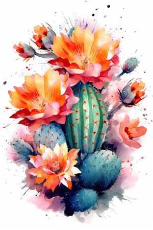 Watercolor colorful illustration of cactus with flowers isolated on white background. Generative AI.の素材