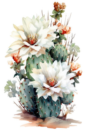 Blooming cactus with white flowers watercolor illustration on a white background. Generative AI.の素材