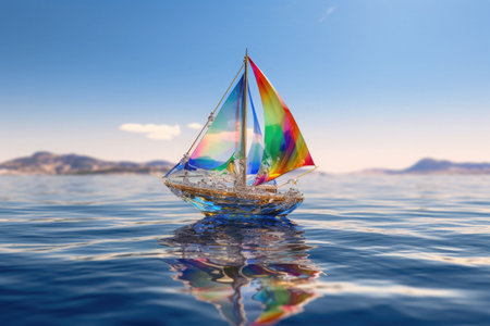 Transparent colorful sailboat toy in sea. Generative AI.の素材
