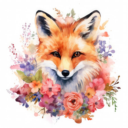 Watercolor fox with flowers on a white background. Generative AI.の素材
