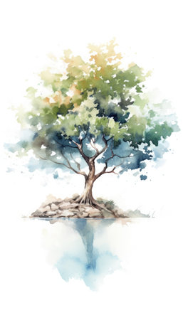 The oak tree on the islet is reflected in the water. Watercolor illustration on white background. Generative AI.の素材