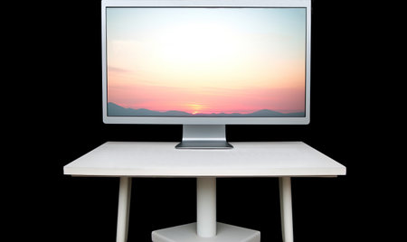 Desktop computer screen with nature landscape image in a minimal office room on the white desk against a black backdrop. Generative AI.の素材