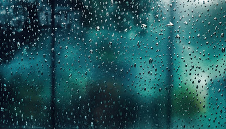 Abstract background of raindrops on window glass panel in soft and dark tone. Generative AI.の素材