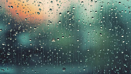 Close-up of raindrops on glass. Blurred background. Generative AI.の素材