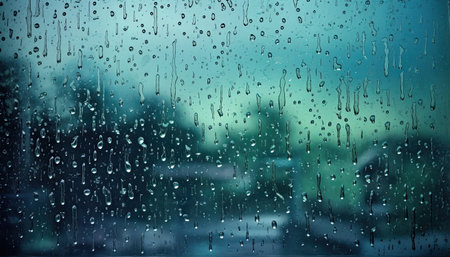 Close-up of raindrops on glass. Blurred background. Generative AI.の素材