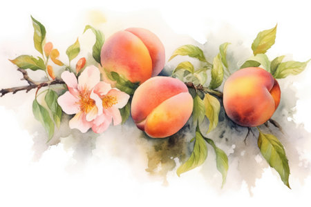 Painted peach branch with fruits, flowers and leaves on white background. Watercolor illustration. Generative AI.の素材