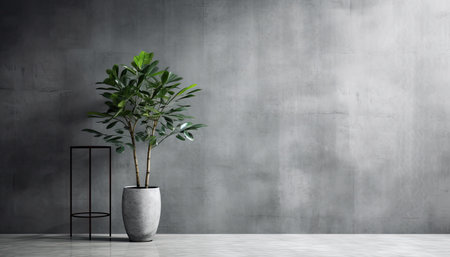 Background of an empty loft room with concrete wall, floor and large plant with copy space. Generative AI.の素材