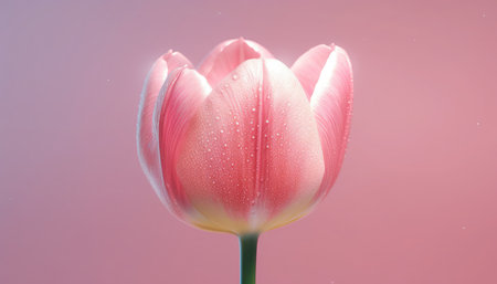 Single pink tulip with water drops, soft studio light, blurred background with bokeh. Generative AI.の素材