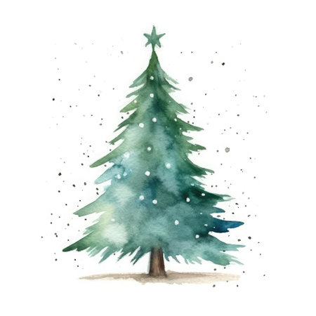 Watercolor Christmas tree in a minimalist hand drawn style on a white background. Generative AI.の素材