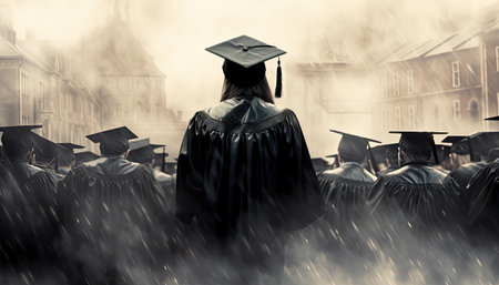 Back view of graduates in caps. Generative AI.の素材