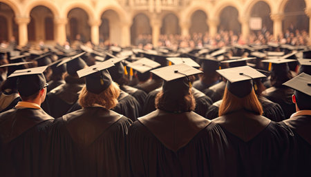 Back view of graduates in caps. Generative AI.の素材