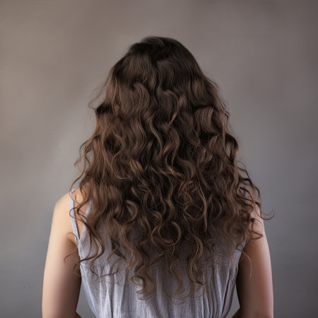 Back view young woman with long blond hair at back on studio light gray background. Generative AI.の素材