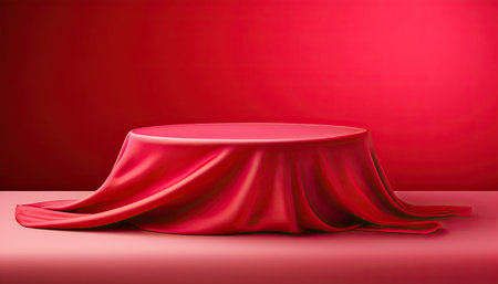 Cylinder podium covered with cloth on a red background. Generative AI.の素材