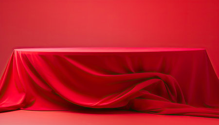 Cylinder podium covered with cloth on a red background. Generative AI.の素材