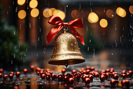 A close-up of a gold bell with a ribbon hanging against a dark, blurred, holiday glow background with bokeh lights and rain.の素材
